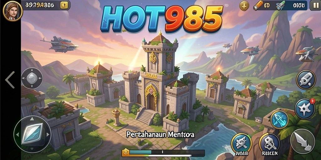 Tampilan gameplay HOT985 yang seru dalam pertahanan menara.