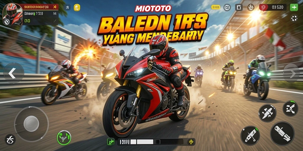 Screenshot gameplay MIOTOTO menampilkan balapan sepeda motor yang mendebarkan.