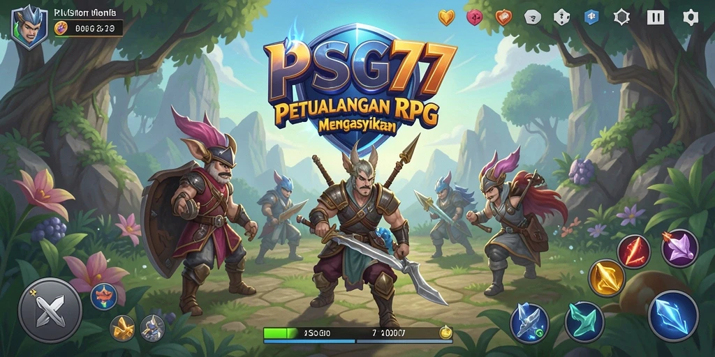 Screenshot utama PSG77 menampilkan karakter sedang bertarung dengan monster.