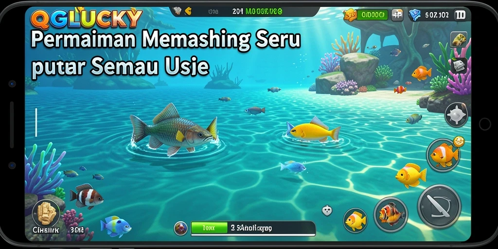 Tampilan gameplay QGLUCKY menampilkan aksi menangkap ikan yang seru.