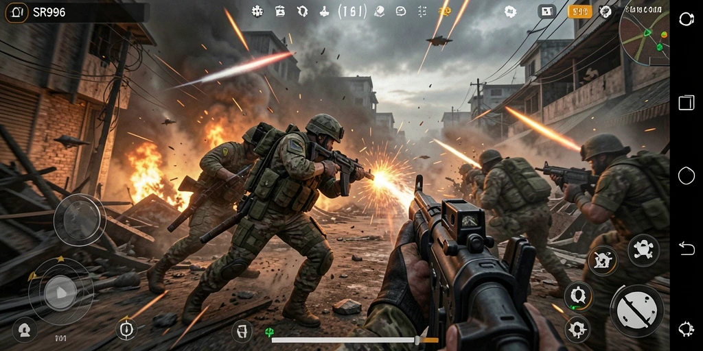 Screenshot gameplay SR996 menunjukkan aksi menegangkan di medan perang TPS.